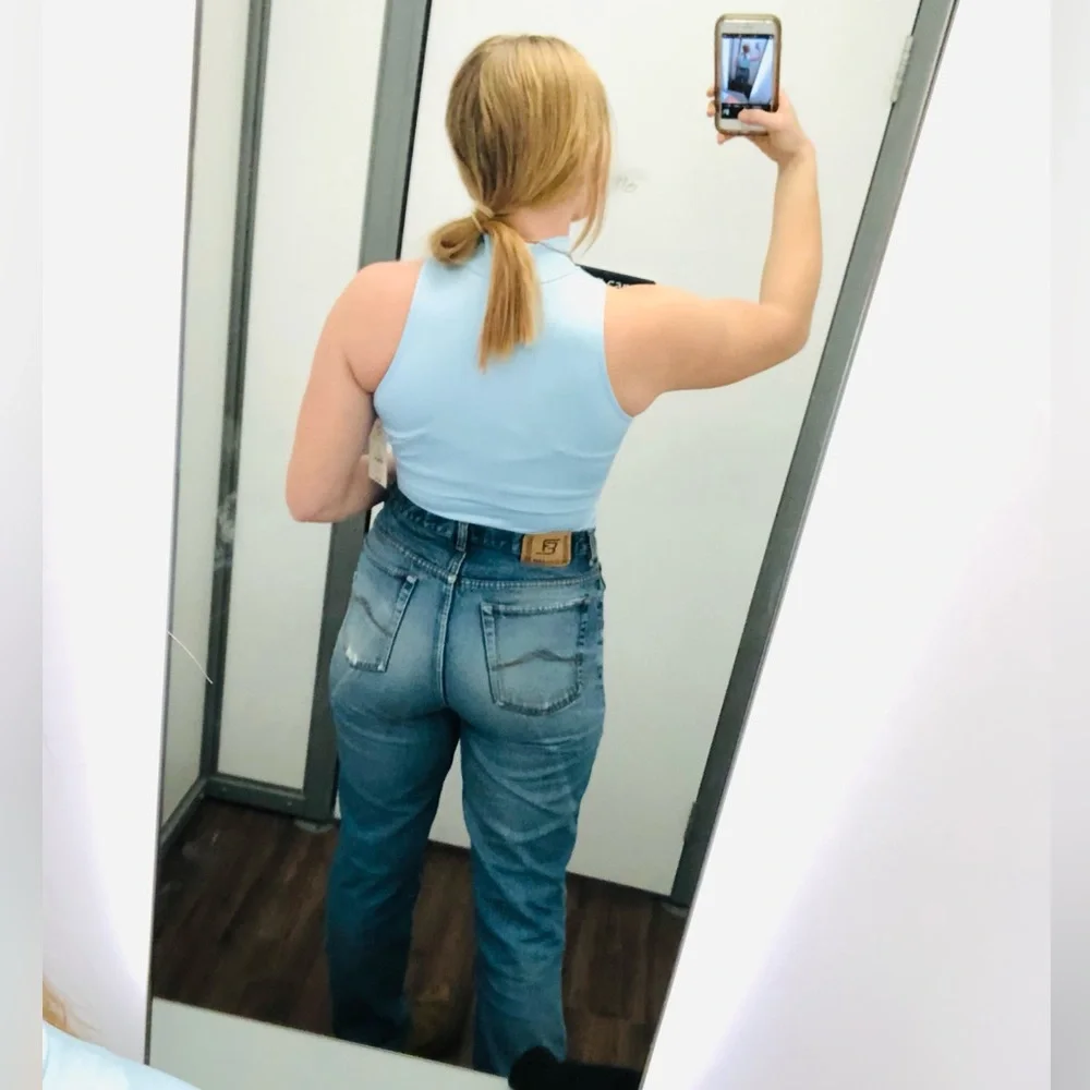 Full Blue Registered Vintage Straight Leg Distressed Jeans Retro High Rise - Picture 5 of 16